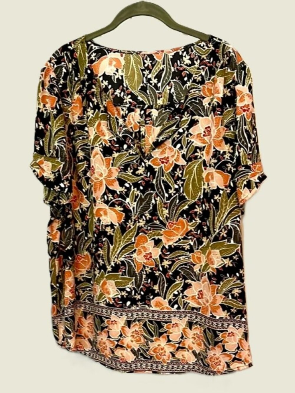 DR2 ~ colorful floral on black short sleeve blouse ~ size XL